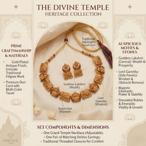 Image of Gold-Plated Antique Temple Jewellery Set for Women - Traditional Necklace with Large Peacock Pendant & Matching Jhumka Earrings | Ethnic Festive & Bridal Wear Set with Ruby & Emerald Accents