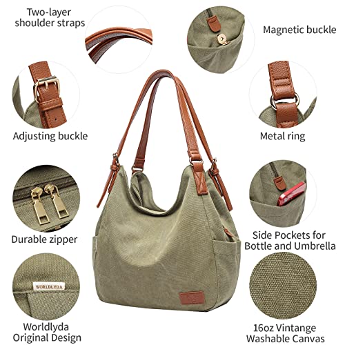 Image of Worldlyda Women Canvas Hobo Purse Multi Pocket Tote Shopper Shoulder Bag Casual Top Handle handbag with Embroidery Ethnic