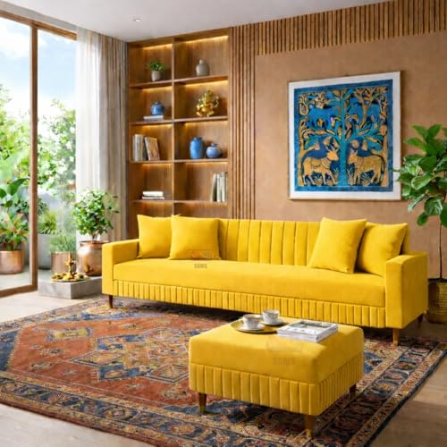 Image of SRMS Solid Wood 4 Seater L Shape Velvet Fabric Sofa Set with Four Cushions | Perfect for Home Office Guests Living Room | Sofa Set for living Room | 74 x 32 x 30 inches | Yellow