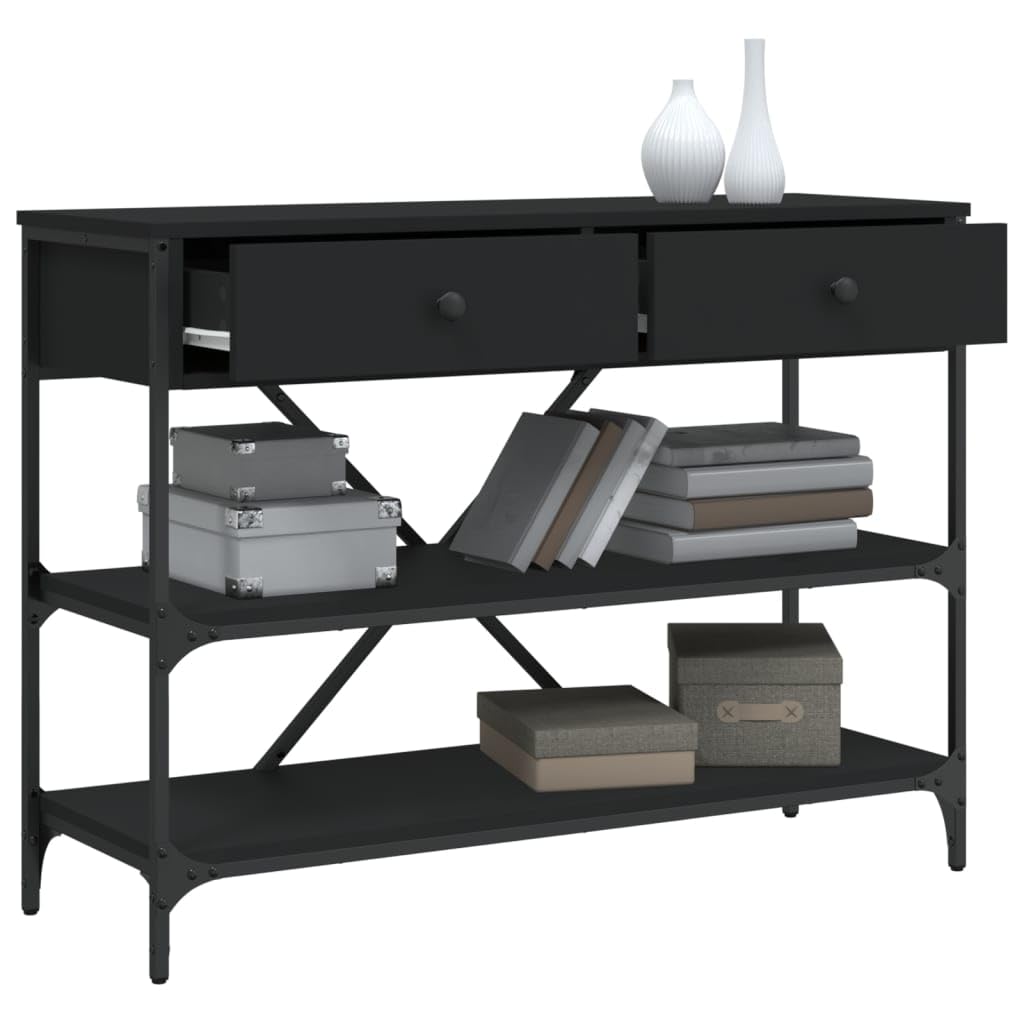 Stół Konsola Inżynieria Drewniany Czarny 2 Szuflady 2 Półki | Solidna stalowa rama, praktyczne przechowywanie, montaż na ścianie, do salonu lub wejścia