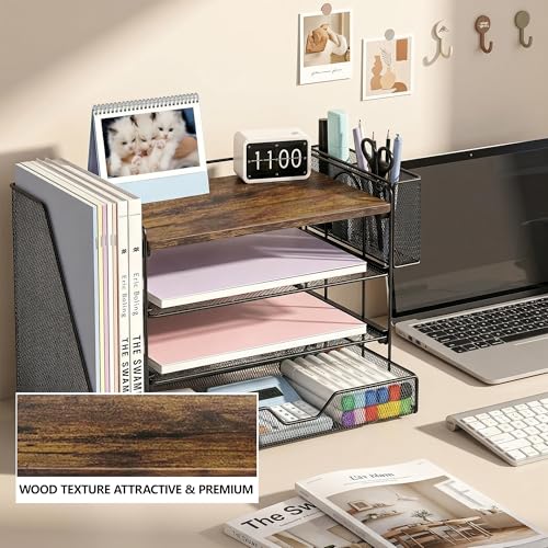 Image of OPNICE Desk Organizers and Accessories, 4-Tier Desktop File Organizer with Drawer and Pen Holders, Office Desk Accessories Workspace Organizers for Office Supplies (Brown)