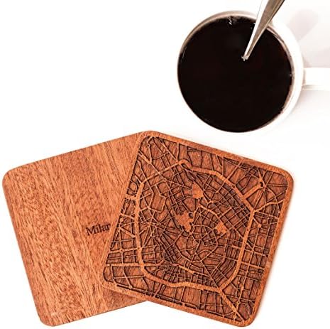 Milan Map Coaster, Set of 4, Sapele Wooden Coaster with City Map, Handmade