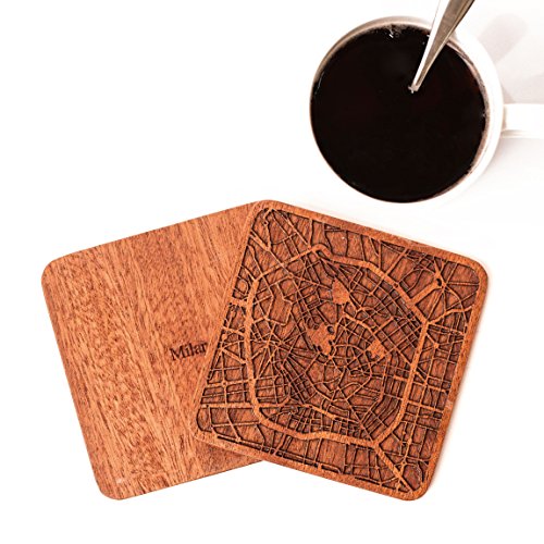 Milan Map Coaster, Set of 4, Sapele Wooden Coaster with City Map, Handmade