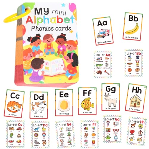 Image of PATPAT 26 My Alphabet Phonics Flash Cards for New Born Baby, ABC Learning Cards Set with Cute Cartoon Illustrations, Preschool Letter Recognition & Phonics Sight Word Flashcards with Ring Binder
