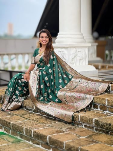 Image of Florely Women's Kanchipuram silk sarees Handloom Pure Golden Zari Saree For Women | Traditional Festive Wedding Party Saree | Ethnic Saree With Blouse Piece