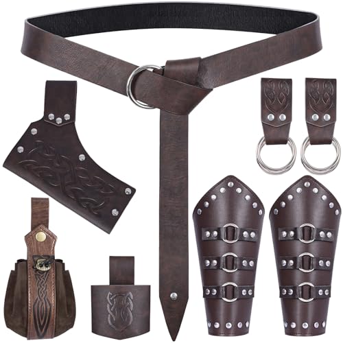 Medieval Renaissance Sword Belt Leather Bracers Set - Pirate Costume Accessories with Skirt Hike Viking Frog Holster (Brown)