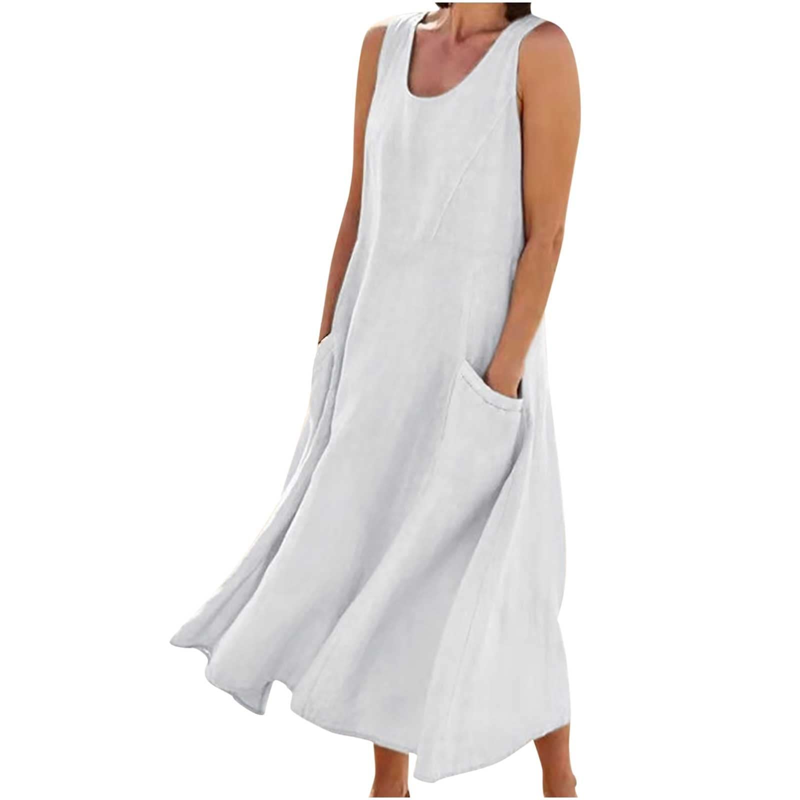 Generic Vestidos sin mangas para mujer, cuello redondo, lino, playa, hawaiano, maxi, vestidos largos de verano y otoño 2024