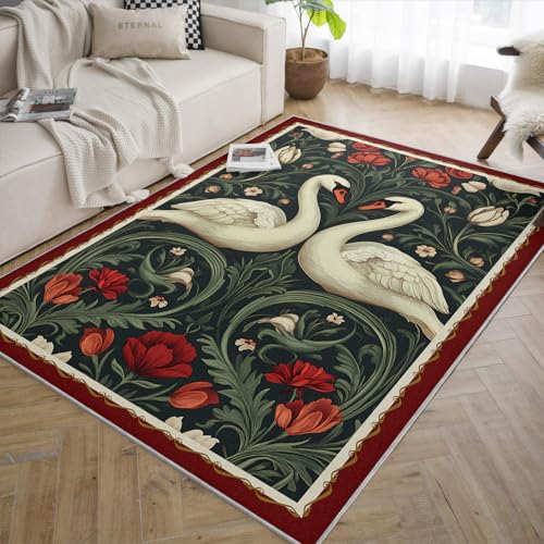 Carpette artistique fleurs et cygne élégante 60x90cm au toucher doux