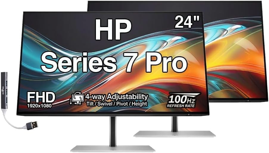 Image of HP Series 7 Pro 24 inch FHD IPS Monitor with 4-Way Adjustability, Anti-Glare, Flicker Free, VESA Mount (100mm), Displayport, HDMI & Dockztorm USB Port Expander, Black /Silver 2 Pack