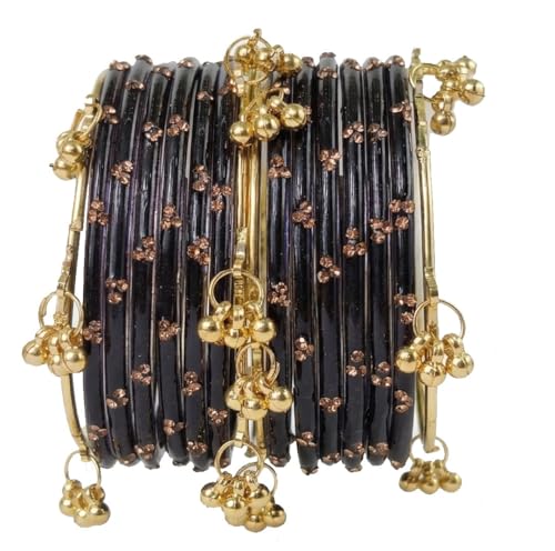 Image of NMII Viral Multi Colour Glass Bangles with Golden Ghungroo Charms & Stone Work For Women & Girls | Fancy Designer Glass Bangle | Traditional Chudi | Kanch Ki Churi | Stylish Ghungroo Bangle For Women