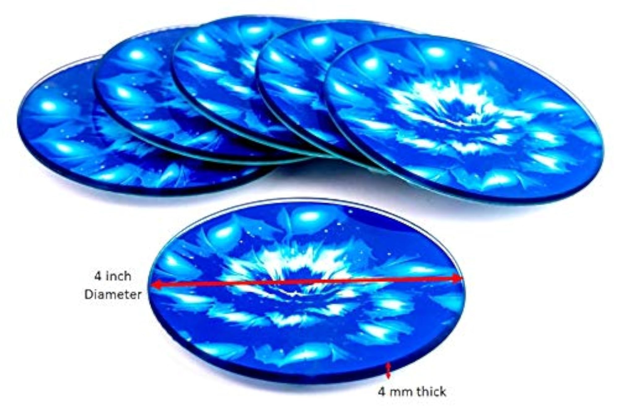 Set of 6 Round Drink Coasters, Blue Floral Design, Gift Boxed