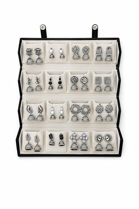Image of 16 Pairs Silver Oxidised Premium Jhumka Earring Set with Premium Gift Box - Traditional Indian Ethnic Jewelry for Women & Girls - Lightweight Multi-color Jhumki Combo for Weddings, Festivals & Gift For Partner