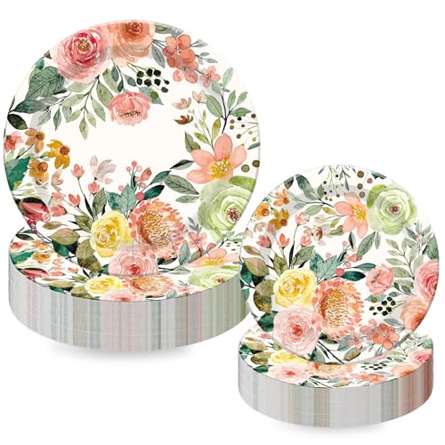 40Pcs Floral Paper Plates Watercolor Pink Flower Greenery Disposable Plates