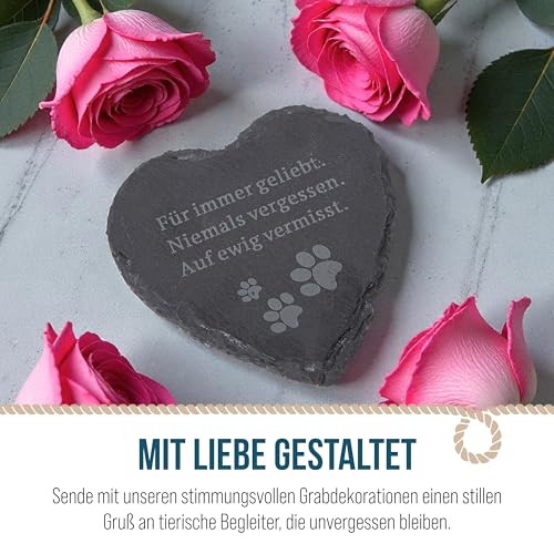 Haustier Gedenkstein mit Spruch & Pfoten: Grabschmuck Tier, Schiefer Grabdeko Hund & Katze, Deko Wetterfest Grab, Trauerstein Friedhof & Garten, Herz Grabdekoration, Trauerschmuck Klein, 12 x 12 cm