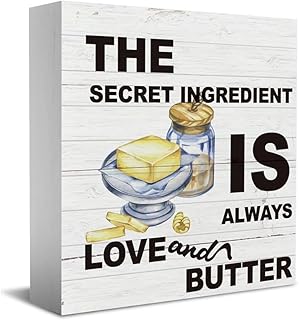 Decorative Sign Of Inspirational Quotes - The Secret Ingredient Is Always Love And Butter Farmhouse Quote Wood Box Sign For Home Shelf Table Decoration 5 X 5 Inch