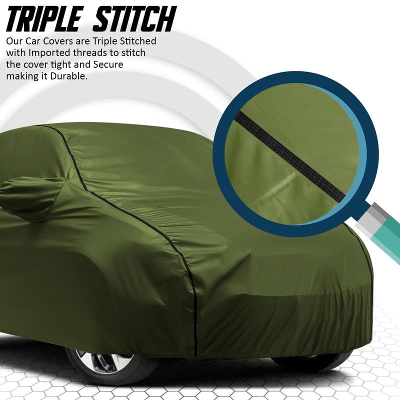 Image of Car Bady Cover Waterproof Compatible with Hyundai Fluidic Verna |Triple Stitched |Fully Elastic Ultra |Mirror Pocket | Heavy Buckle | Olive Green & Black Piping (Olive Green & Black)