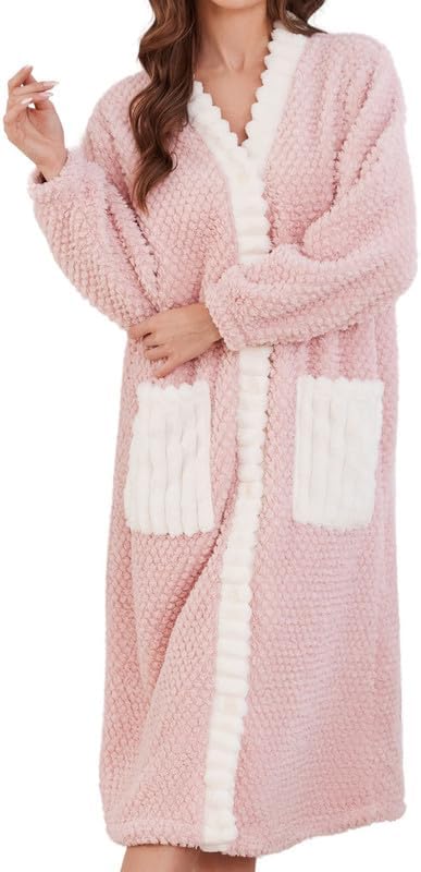 LYCY Womens Plush Robe, Soft Fluffy Bathrobe for Women Winter Button Warm Loungewear