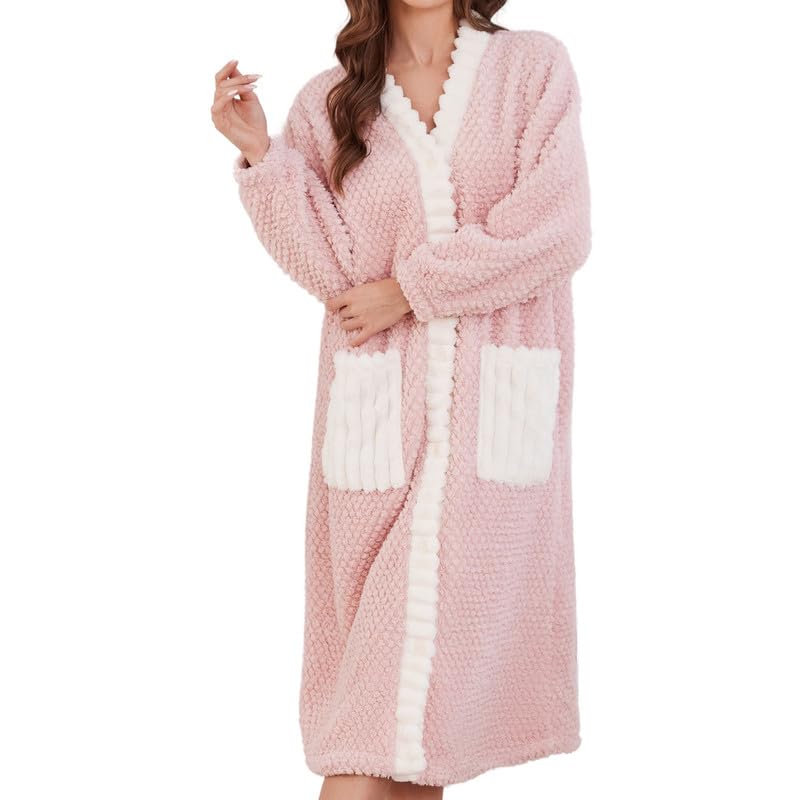 LYCY Womens Plush Robe, Soft Fluffy Bathrobe for Women Winter Button Warm Loungewear