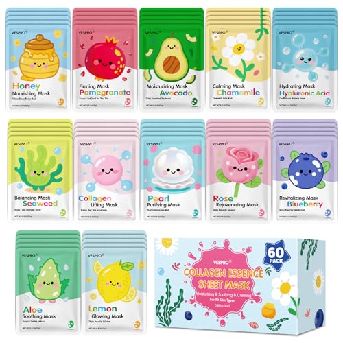 60 Pack Bulk Collagen Facial Masks moisturizing & Hydrating Face Masks for Women Skincare for All Skin Types Bulk Sheet Mask Skin Care Gifts Sleepover Party for Teen Girls(12 Types x 5 Pcs)