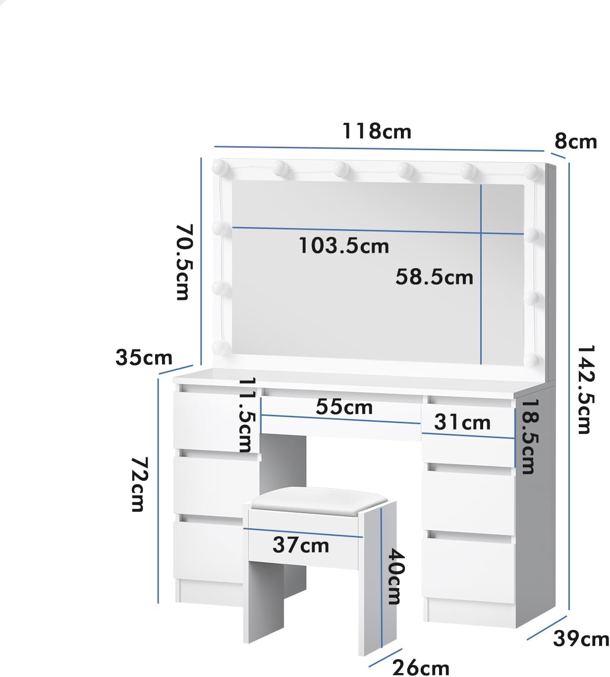 White Dressing Table Stool Set with Mirror, Storage Drawers and Chair, Makeup Mirror Desk with 12 LED Bulbs Adjustable Brightness Levels, Dresser Vanity Table Organiser for Dressing Room