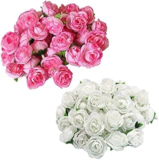 TAIANJI 50 Pcs Rose Flower Heads Artificial for Craft DIY Wedding Party Decor, White and Pink Small Rose Flower Head for Scrapbooking Embellishment, Garden Decor etc