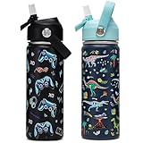 ACESAK 18oz Kids Insulated Water Bottle with Straw Lid - 18/8 Stainless Steel Kid Cup Travel Tumbler Double Wall Vacuum Leak Proof Portable Toddler Water Bottle (Game + Dinosaur)