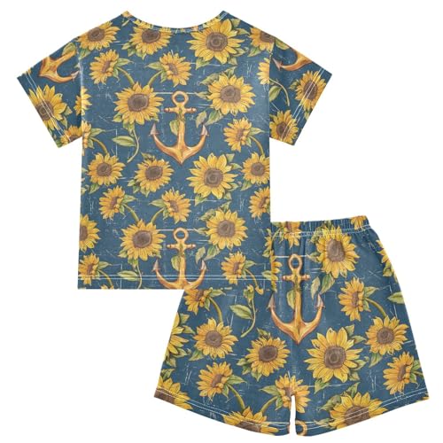 ALAZA Vintage Anchor Sunflowers Pajama Set Short Sleeve Sleepwear Soft Lounge Nightwear2
