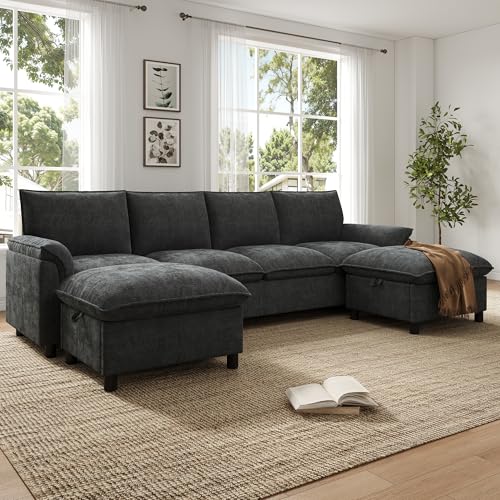 Yihomfy 264.5 cm Canapé Modulaire de U, Canapé 4-6 Places avec 2 Repose-Pieds, Configuration Libre,Canapé d'angle Modulable en Forme de U Cloud, Confortable, Noir