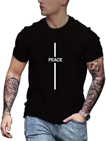 Mens Casual Printed T-Shirt Round Neck Short Sleeve Black