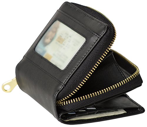 Women's Genuine Soft Leather Scan Proof Small Wallet Zip Coin Pocket in Black
