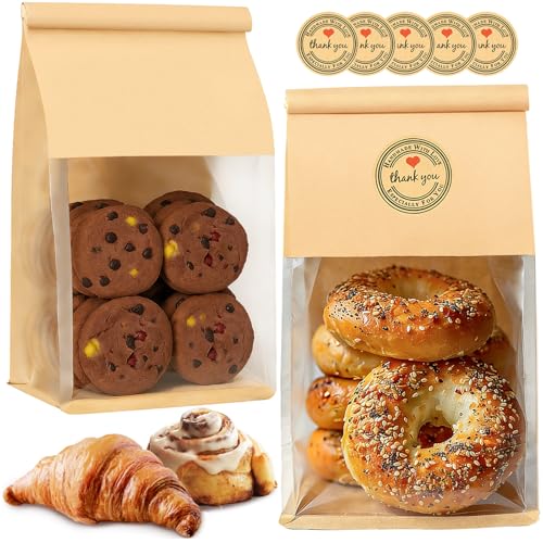 50 PCS Bread Bags for Homemade Breads, 11x5.1x3.9 Inch Resealable Cookie Bags with Tin Tie Tab Lock, Paper Bakery Bag with Window for Packaging Bagels, Muffin, Scone, Brownie, Baked Goods Storage