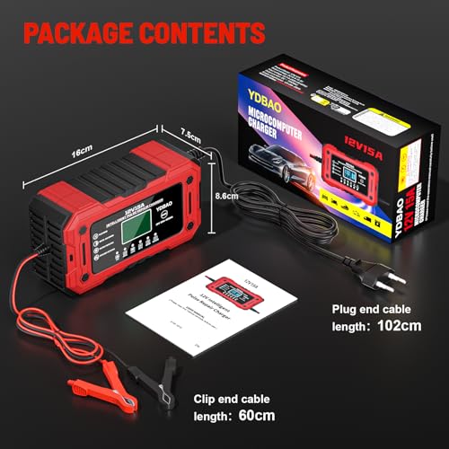 Miniatura 9 de Ydbao 12v 15a Cargador De Batería De Coche Cargador Baterias Coche Y Moto Inteligente Con Reparación Y Pantalla Lcd Y Múltiples Protecciones Cargador Bateria Para Coche Moto Agm Sla Gel Lifepo4