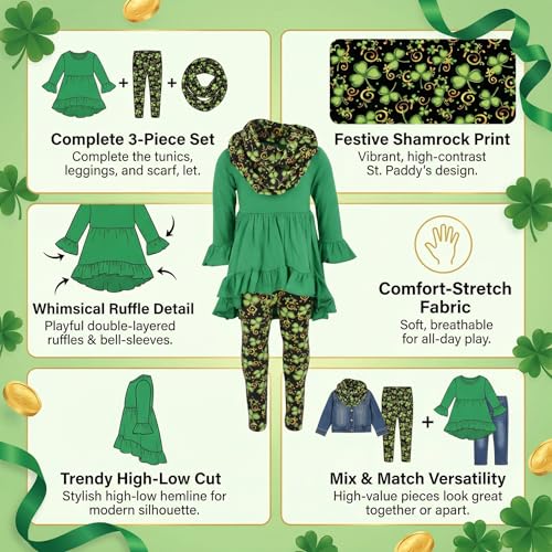 Image of Unique Baby Girls Kids Toddler 3pc Outfit Set Long Sleeve Cotton Blend Tunic Top Leggings and Scarf