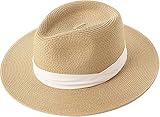 FURTALK Womens Mens Wide Brim Straw Panama Hat Fedora Summer Beach Sun Hat UPF Straw Hat for Women Khaki-White