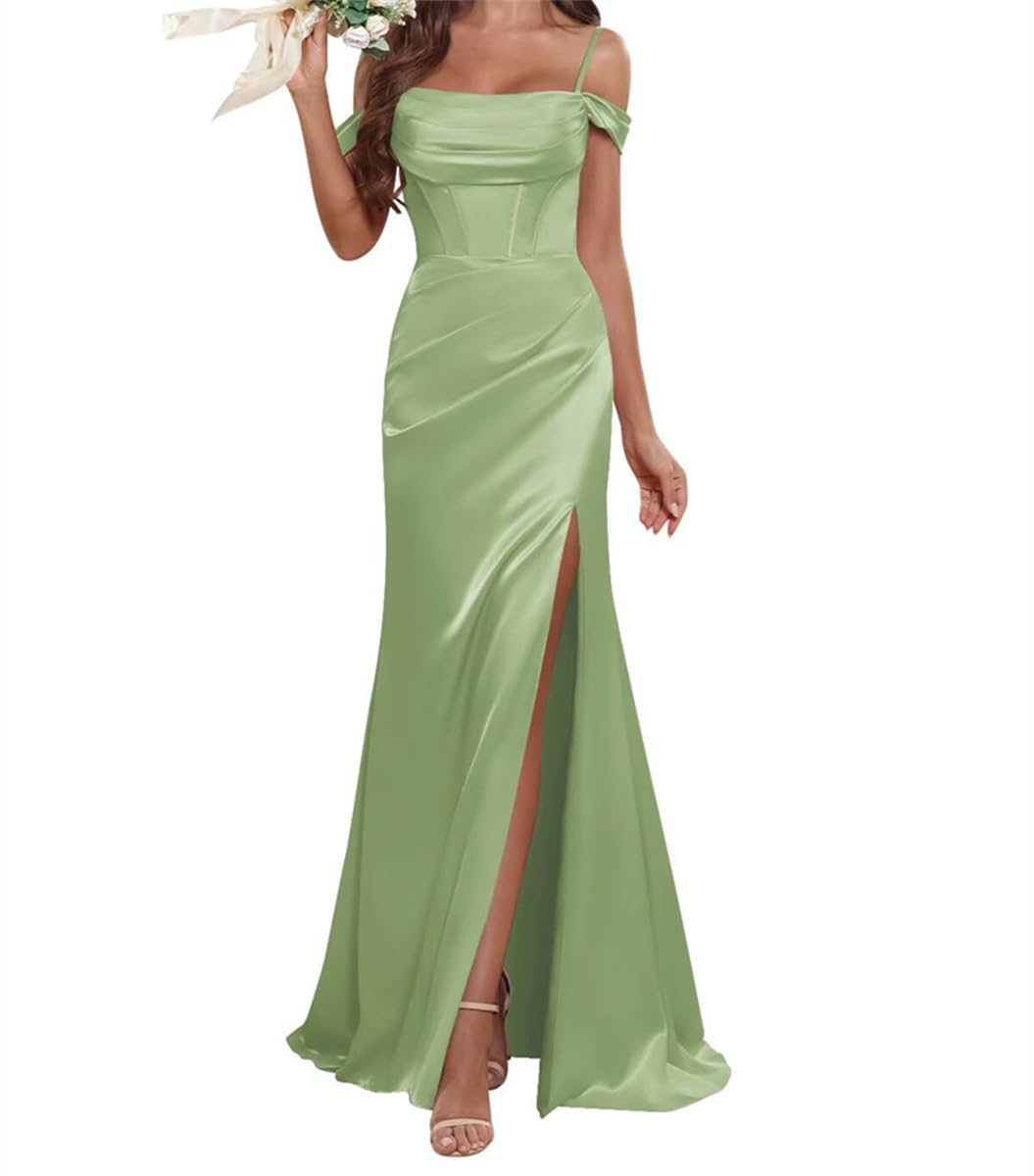 Wseyu Women's Sage Green Satin Bridesmaid Dress For Wedding With Slit Prom Gowns Pleats Cocktail Dresses Plus Size Uk8