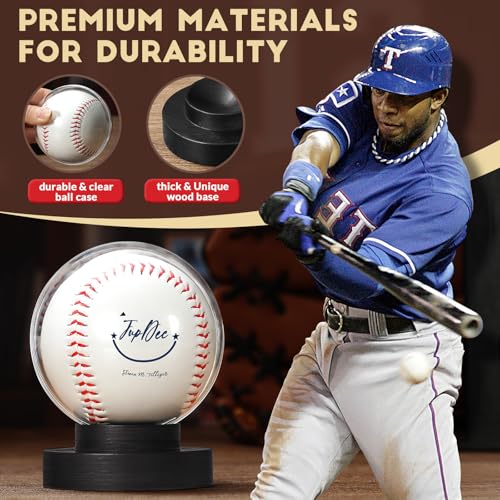 Image of JupDec Baseball Display Case, Round Clear Ball Holder with Wooden Base, Autograph Baseball Stand Box for Single Ball, Acacia Wood, Black