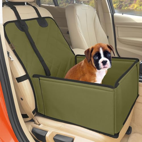 Seggiolino auto per cani extra stabile, di alta qualità, per cani di piccola e media taglia, pareti rinforzate e 3 cinghie – Seggiolino per auto impermeabile per sedile posteriore e anteriore (beige)