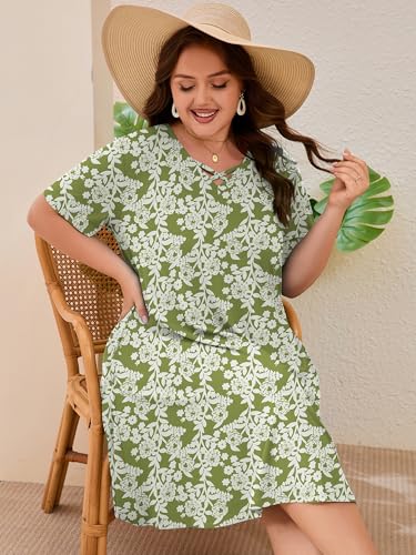 Image of AusLook Plus Size Midi Dress for Women Short Sleeve V Neck Criss Cross A Line Summer Casual Vacation Sundresses with Pockets