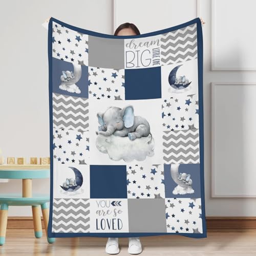 Image of HawSkgFub Navy Blue Elephant Baby Blankets Boys Shower Gift, Dream Big You're Loved Flannel Fleece Nursery Bed Receiving Swaddle, Soft Lightweight Newborn Infant Toddler Kids Crib Bedding 60 x 80