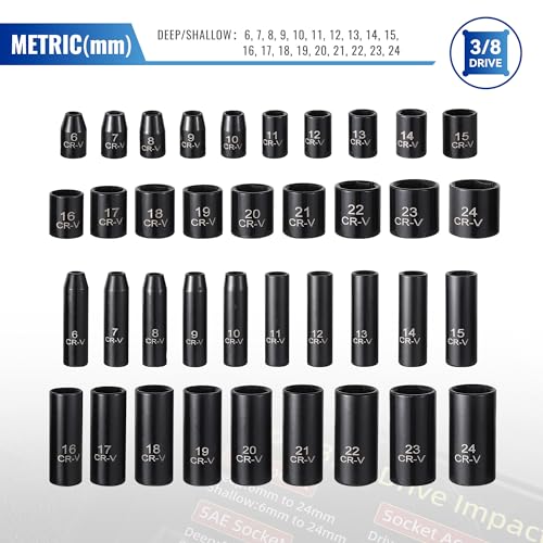 Image of Reniteco 64-Piece 3 /8 inch Drive Socket Set, SAE (5 /16 inch-1 inch) & Metric (6mm-24mm), Deep & Shallow, 72-Tooth Ratchet Wrench, Extension Bars, 1 /2 inch F to 3 /8 inch M Reducer, Universal Joint & Power Drill Adapter