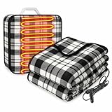 Tuanse 58 x 43 Inches 12 Volt Heated Car Blanket Plug in Portable Car Electric Blanket with Cigarette Lighter, Temperature Controller and Storage Bag for Rv Truck Traveling(Black White,Stripe)