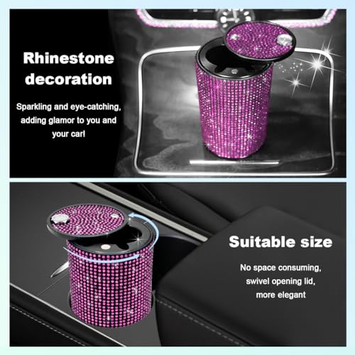 Image of Car Cigarette Ashtray with Lid, Stainless Steel Bling Crystal Diamond Smokeless Fireproof Vehicle Ashtray Holder, Portable Sparkling Ashtray Cup Holder for Car Home Office (Pink)