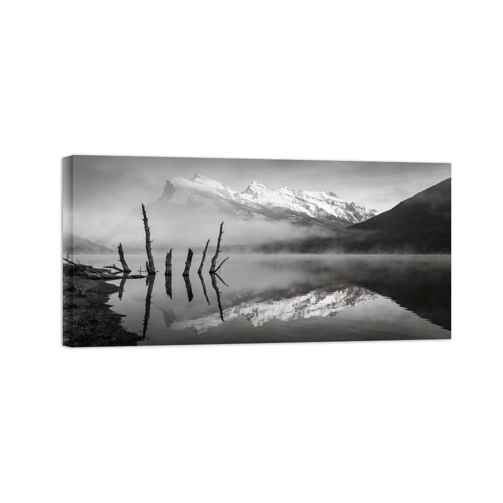 Black White Landscape Wall Art. Mountain Lake. Picture 30x60cm Unframed