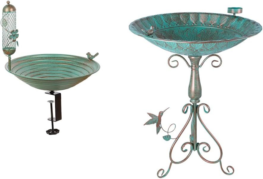 DREAMSOUL 13 Inches Deck Bird Bath + 20" Green Bird Bath Stand