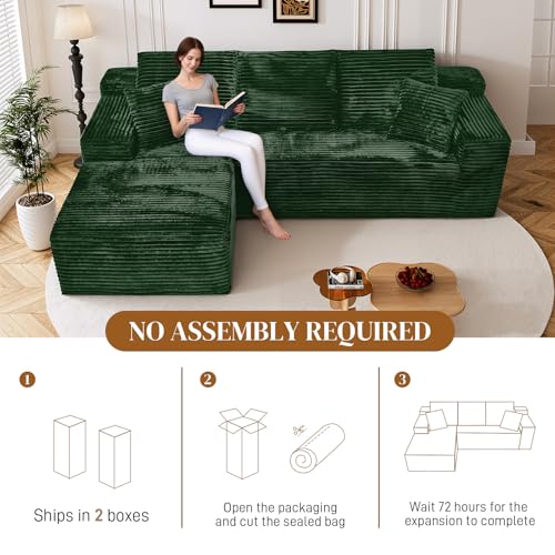 Image of 108 inch L Shaped Boneless Sectional Couches for Living Room, Comfy Corduroy Floor Cloud Sofa with Chaise, Wide Armrest, Deep Seat, Memory Foam, Assembly Free, Ideal for Small Spaces, Green