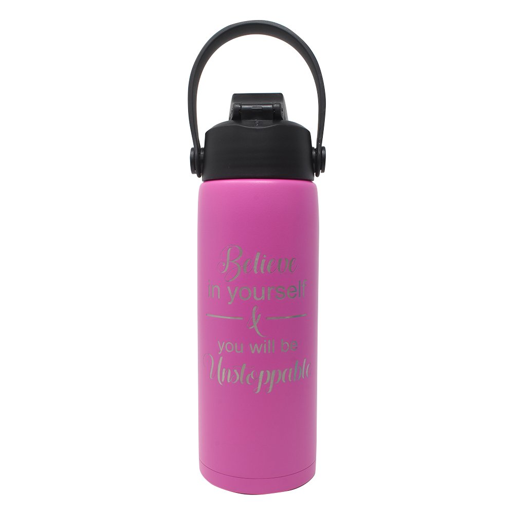 Believe in yourself & you will be Unstoppable - Aquatix Motivational 21oz Sports Bottle (Pink), Pure Stainless Steel Double Walled Insulation - Keeps Drinks Cold 24 hr/Hot 6 hr