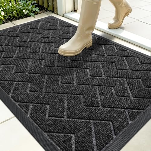 Image of OLANLY Front Door Mat Indoor Outdoor Entrance, Waterproof All-Season, All-Weather Doormat, Sturdy Natural Rubber, Low Profile, Easy Clean Patio Porch Entryway Mat, Herringbone Brick (Black, 35x23)