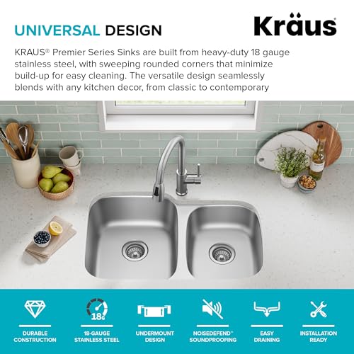 Image of KRAUS Premier 32-inch Undermount 60 /40 Double Bowl with Low Divider 18-Gauge Stainless Steel Kitchen Sink with Strainers (x2), KBU24