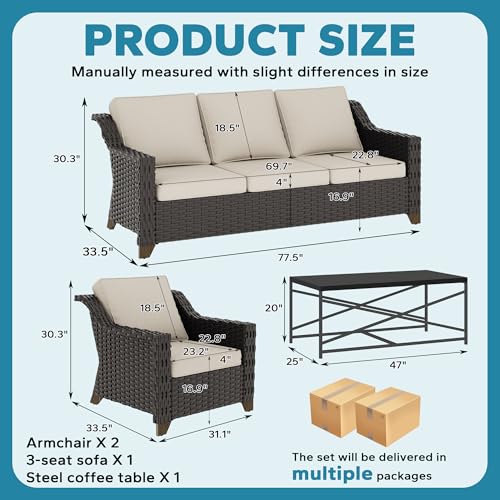 Image of 4 Piece Patio Furniture Set, Wicker Outdoor Conversation Set | Patio Chair Set with Olefin Removable Cushion, All-Weather Outdoor Couch with Deep Seat for Porch, Deck and Backyard, Beige