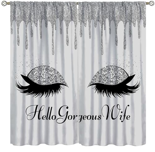 VUMIVI Hello Gorgeous Blackout Curtains Silver Drip Eyelashes Makeup Fashion Trend Window Treatments for Girls Kids Bedroom Living Dining Room 72" W X 63" L